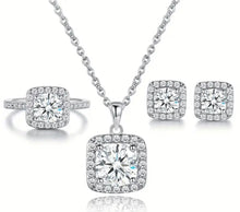 Load image into Gallery viewer, Classic cubic zirconia square shape pendant , ring , earring set
