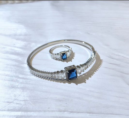 Blue cubic zirconia ring and bangle set with silver plated