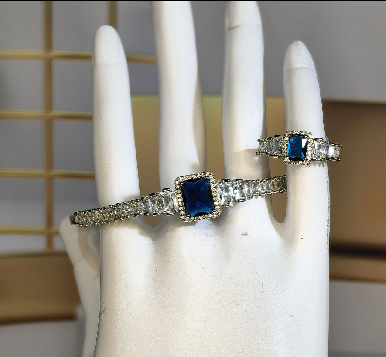 Blue cubic zirconia ring and bangle set with silver plated