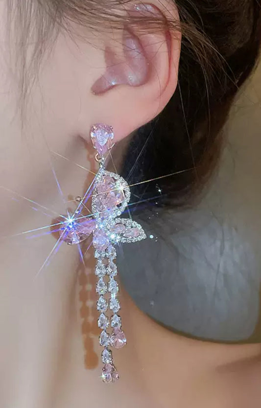 Pink ice cubic zirconia butterfly drop earrings