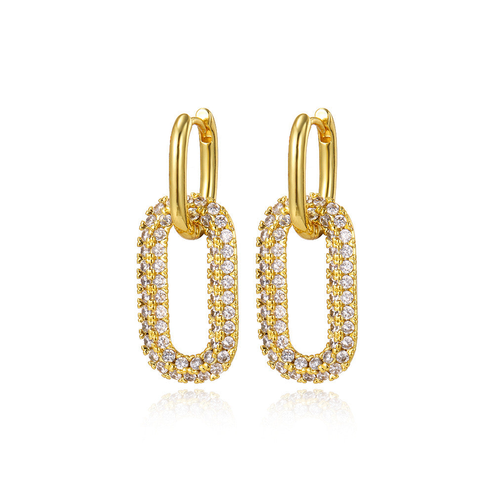 Gold plated paper clip earring hoops with pave cubic zirconia earrings