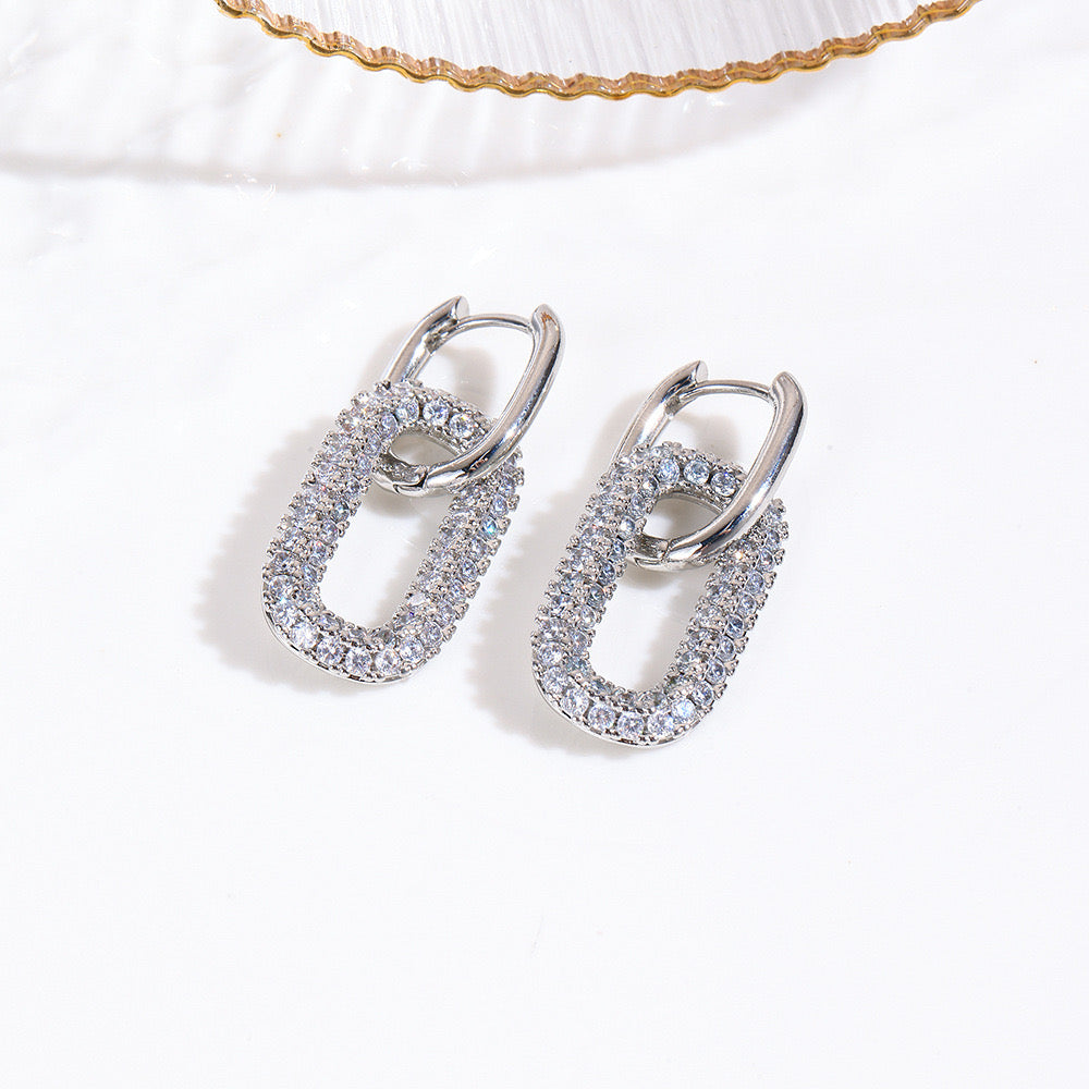 Gold plated paper clip earring hoops with pave cubic zirconia earrings