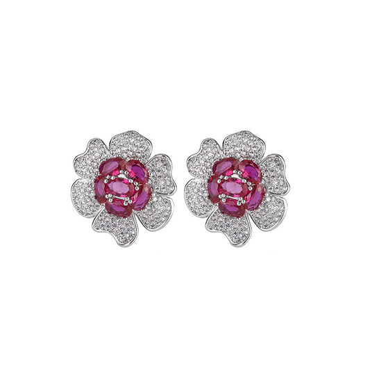 Synthetic Ruby flower earring 18k gold plated
