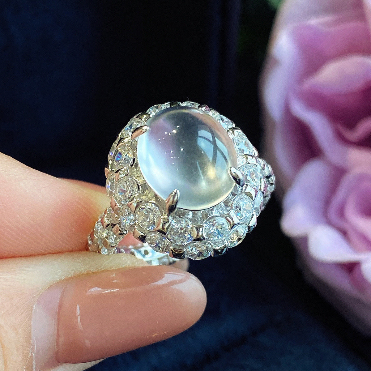 Cat’s eye clear chalcedony cz 18k plated ring