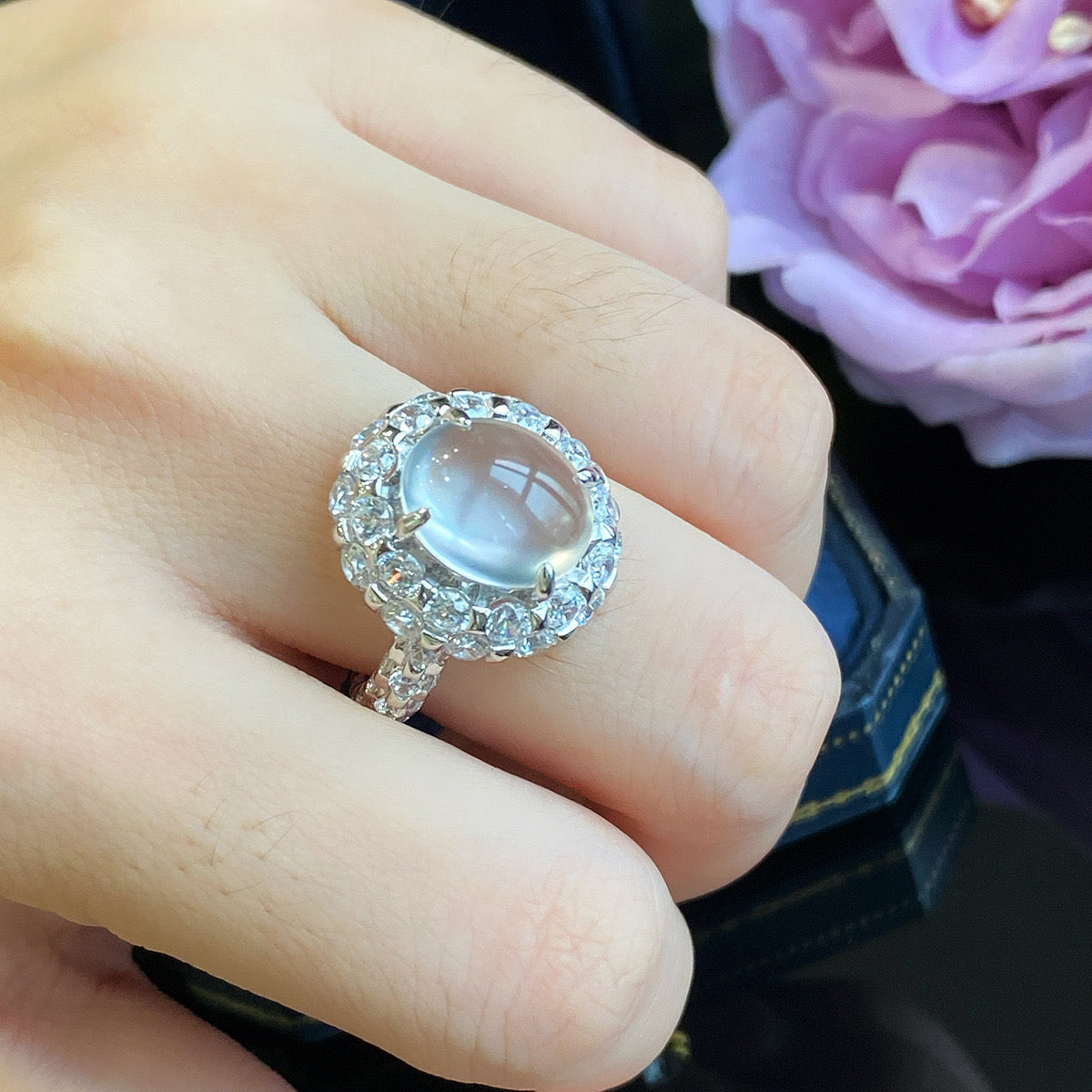 Cat’s eye clear chalcedony cz 18k plated ring