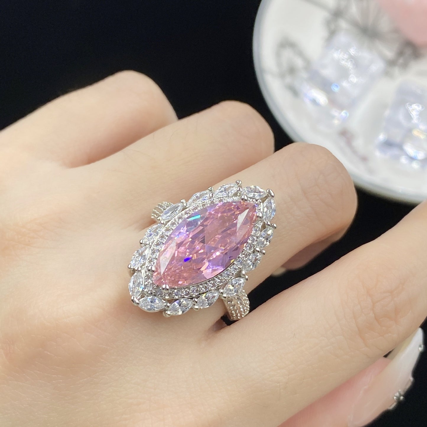 Pink marquise cubic zirconia 18k gold plated ring