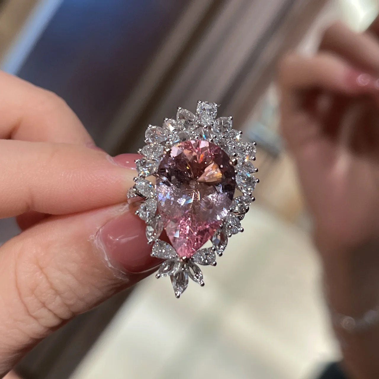 Tear drop pink cubic zirconia white gold plated ring