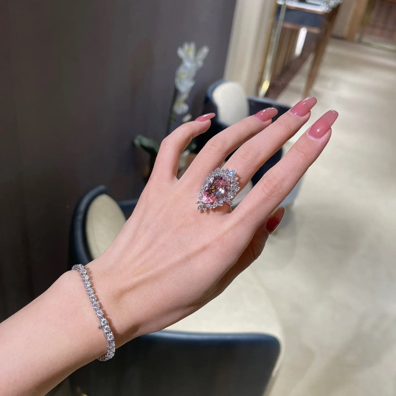 Tear drop pink cubic zirconia white gold plated ring