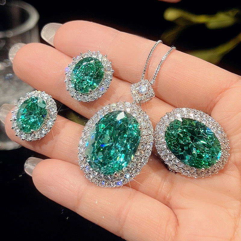 Green crystal double halo cubic zirconia white gold plated ring only