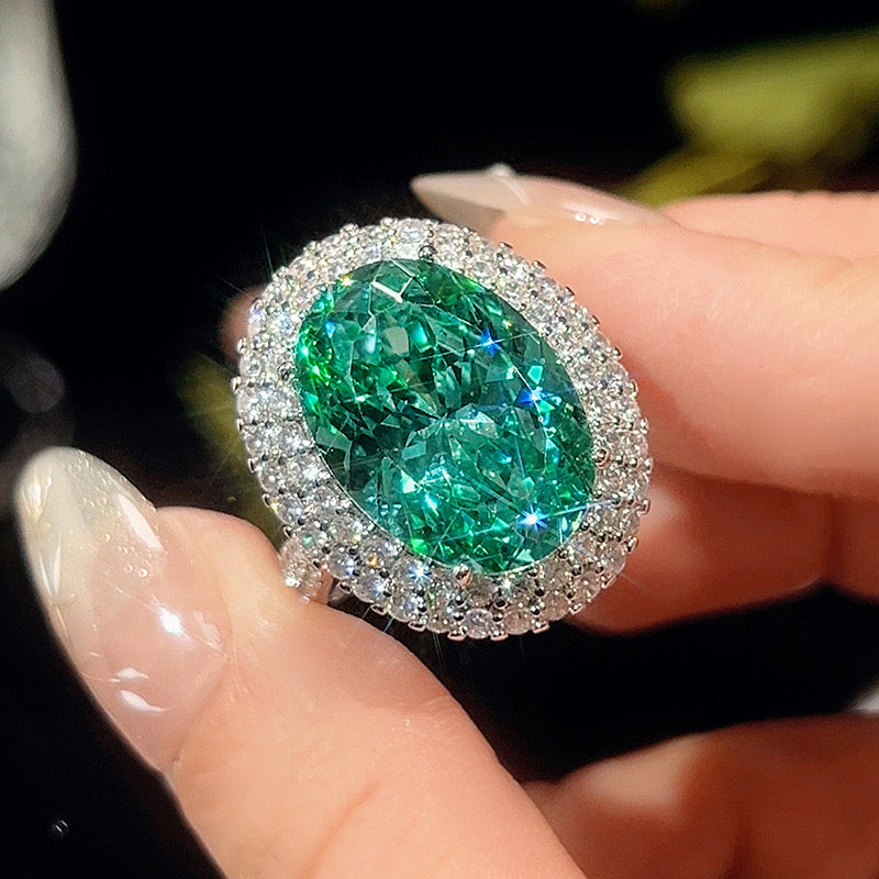 Green crystal double halo cubic zirconia white gold plated ring only