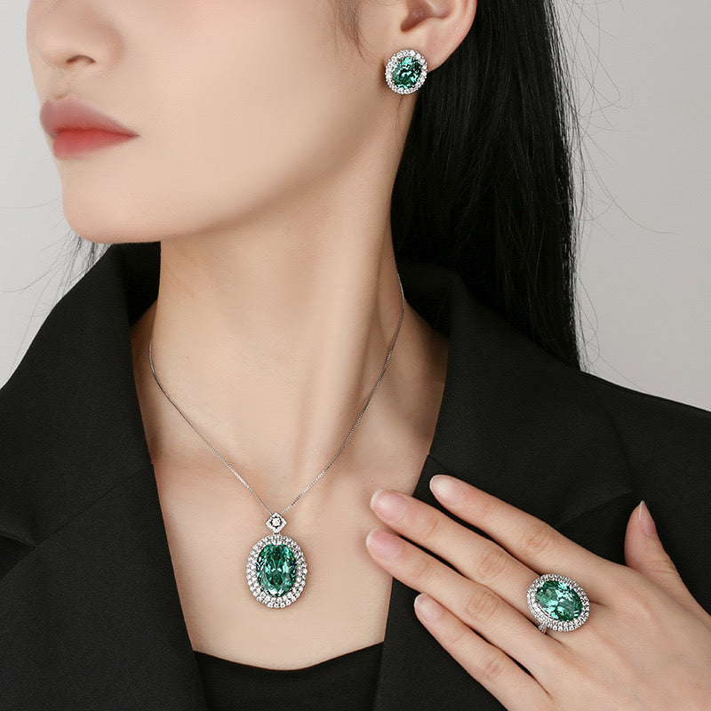 Green crystal double halo cubic zirconia white gold plated ring only