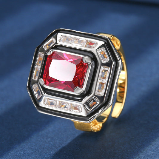 High carbon cubic zirconia ice cut red corundum copper inlaid square cubic zirconia ring