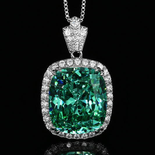 Teal Green cubic zirconia rhodium plated pendant with box chain (only pendant and chain )