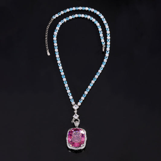 Huge pink lab create cubic zirconia pendant and wheat design chain