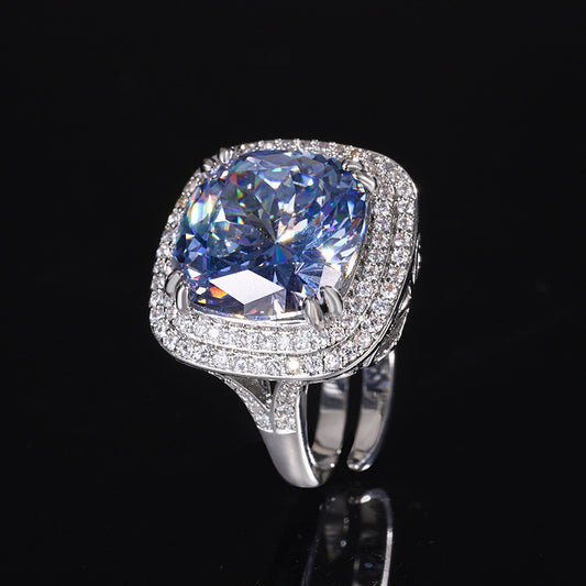 Blue square cushion cut cubic zirconia rhodium plated ring