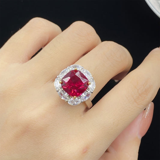 Synthetic Cushion shape Ruby cubic zirconia ring