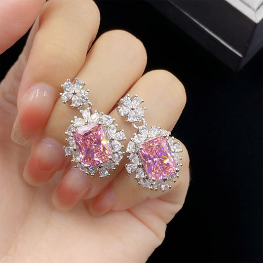Pink ice cubic zirconia rhodium plated earrings
