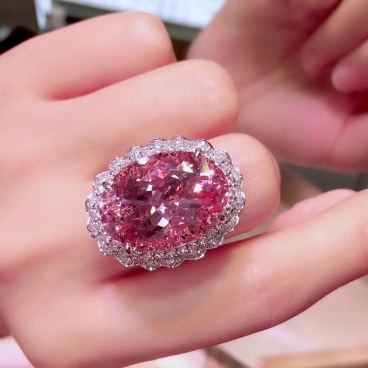 Stunning pink crystal cubic zirconia ring rhodium plated