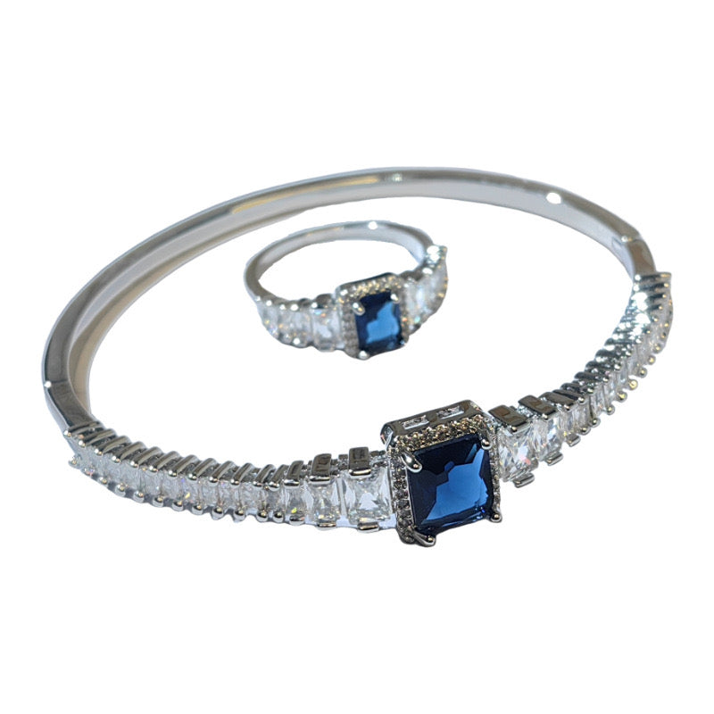 Blue cubic zirconia ring and bangle set with silver plated