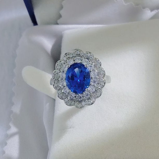 Blue cubic zirconia double halo design ring , pendant and chain set