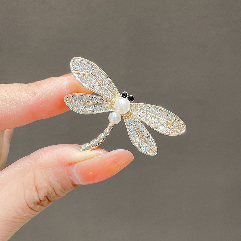 Mini dragonfly pin with rhinestones and faux pearl