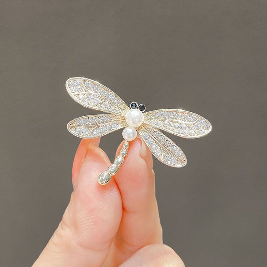Mini dragonfly pin with rhinestones and faux pearl