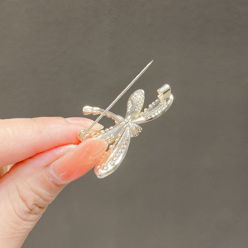 Mini dragonfly pin with rhinestones and faux pearl