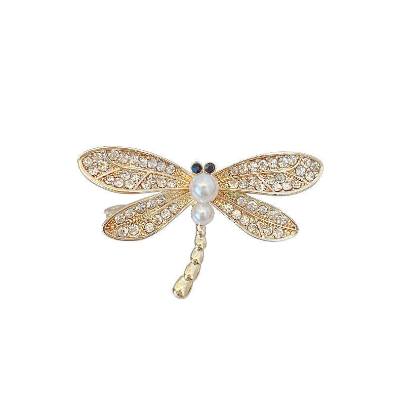 Mini dragonfly pin with rhinestones and faux pearl
