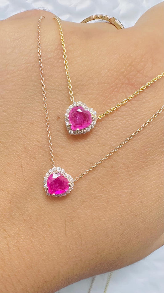 Pink sapphire diamond heart pendant necklace in 14 karat gold