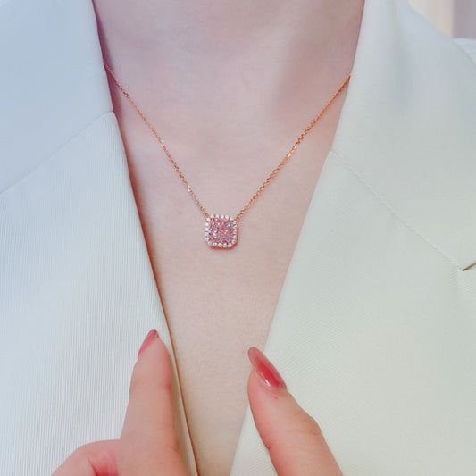 Pink square cubic zirconia halo rose gold pendant