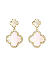 Load image into Gallery viewer, Mother of Pearl Four leave clover drop earrings plated with 14karat gold
