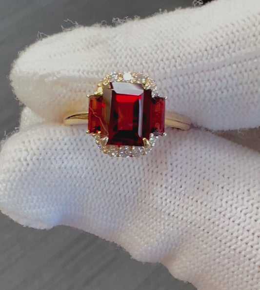14 karat yellow gold natural garnet and lab grown diamond ring