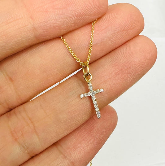 14 karat yellow gold diamond cross and necklace